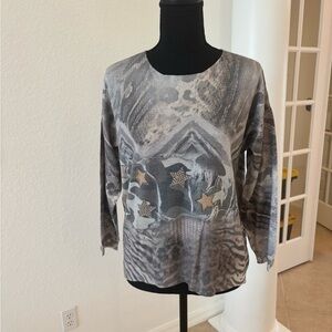 Chic Tan & Gray Patterned Women's Sweater three-quarter sleeve